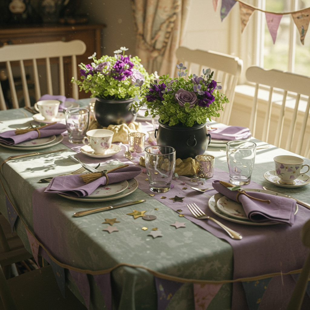 Whimsical witch-themed brunch setup featuring custom napkins and bunting.