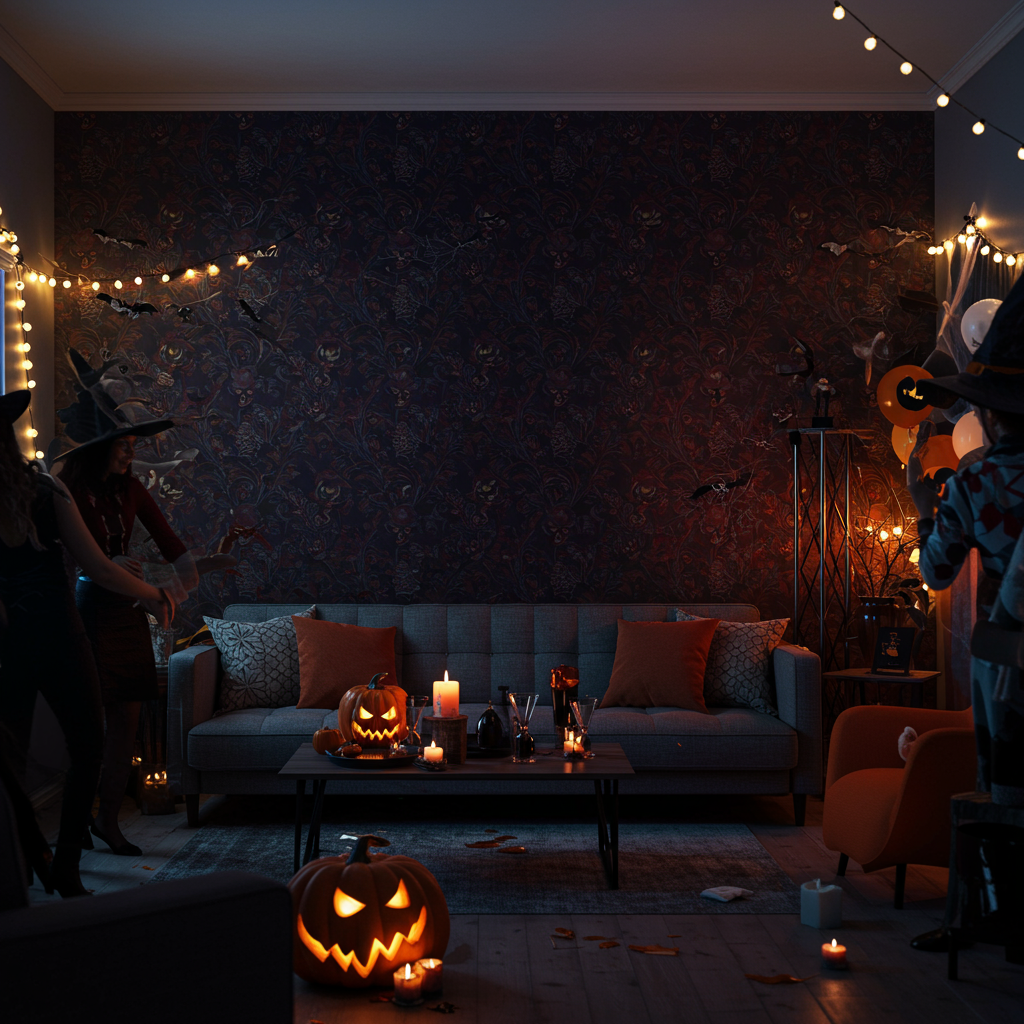 Living room with a bold spooky accent wall for Halloween.
