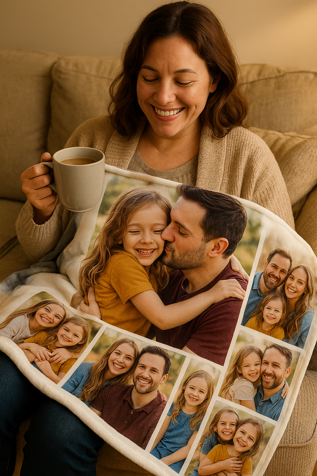 A woman happily holding a custom photo blanket, sitting on a cosy sofa.
