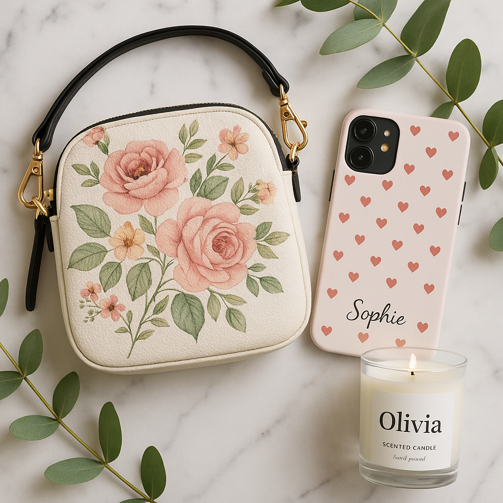 Elegant display of personalised gifts for her, including a custom purse and candle, on a marble surface.