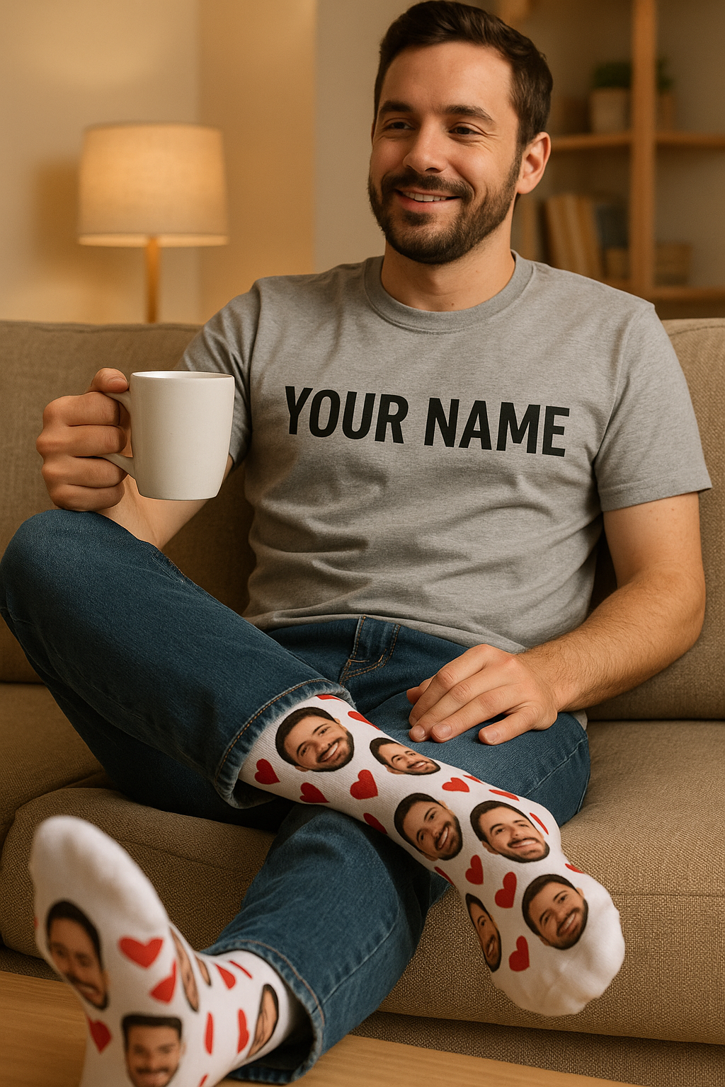 Man wearing personalised socks and T-shirt, relaxing on a sofa with a mug