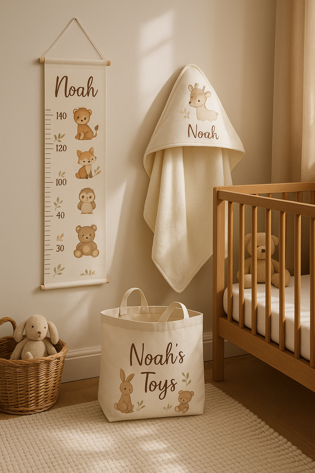 Nursery scene featuring personalised baby gifts like a custom height chart and toy bag