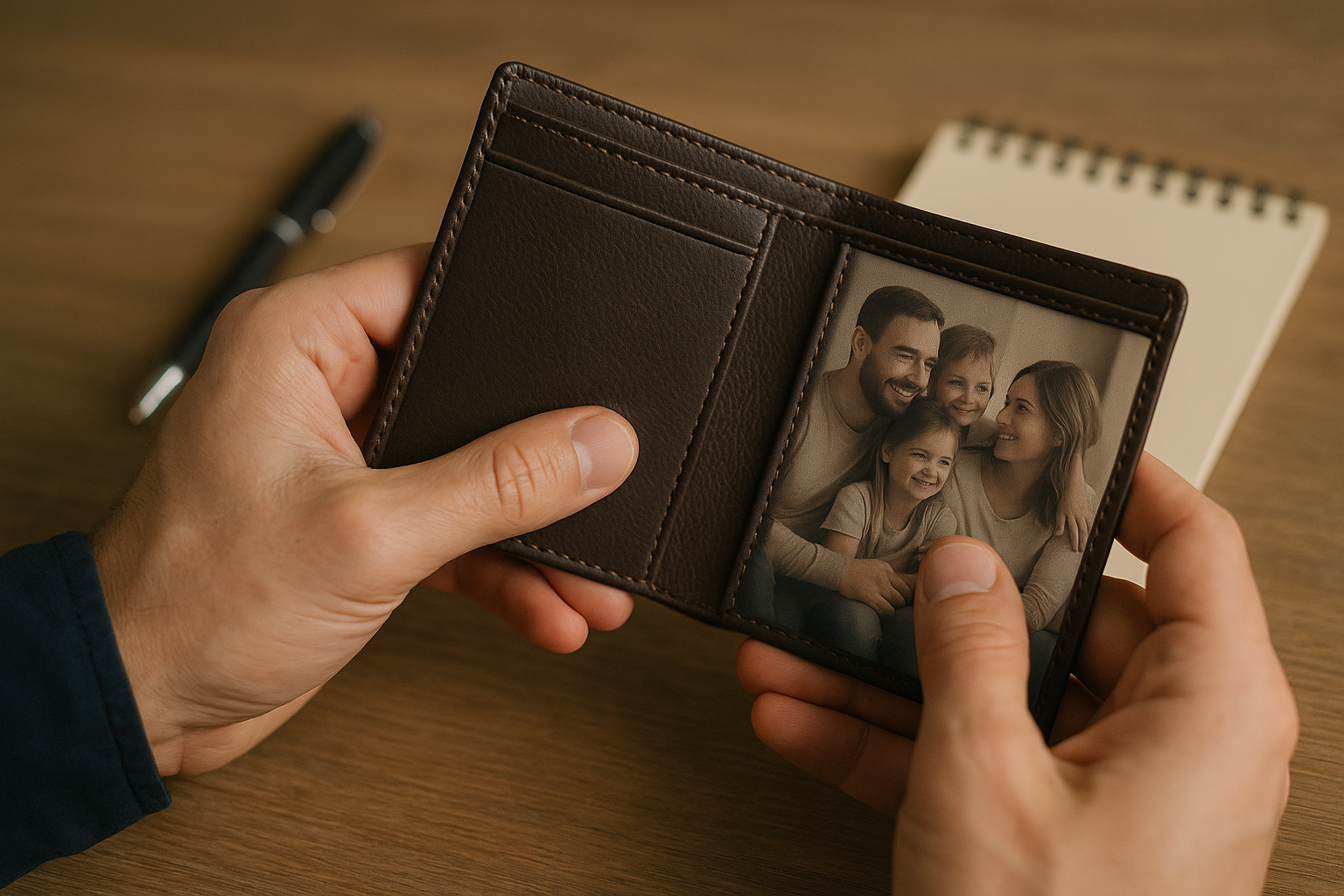 A personalised wallet with a family photo inside, held by a man’s hands over a desk