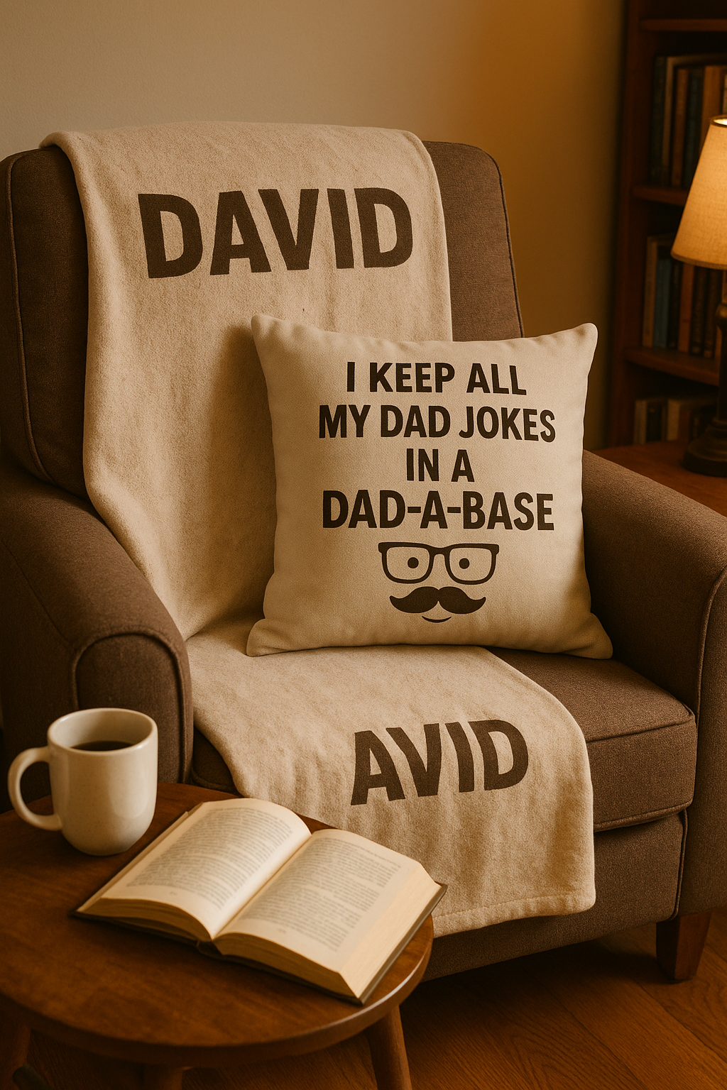 A personalised blanket and cushion with a dad joke, arranged on a cosy reading chair
