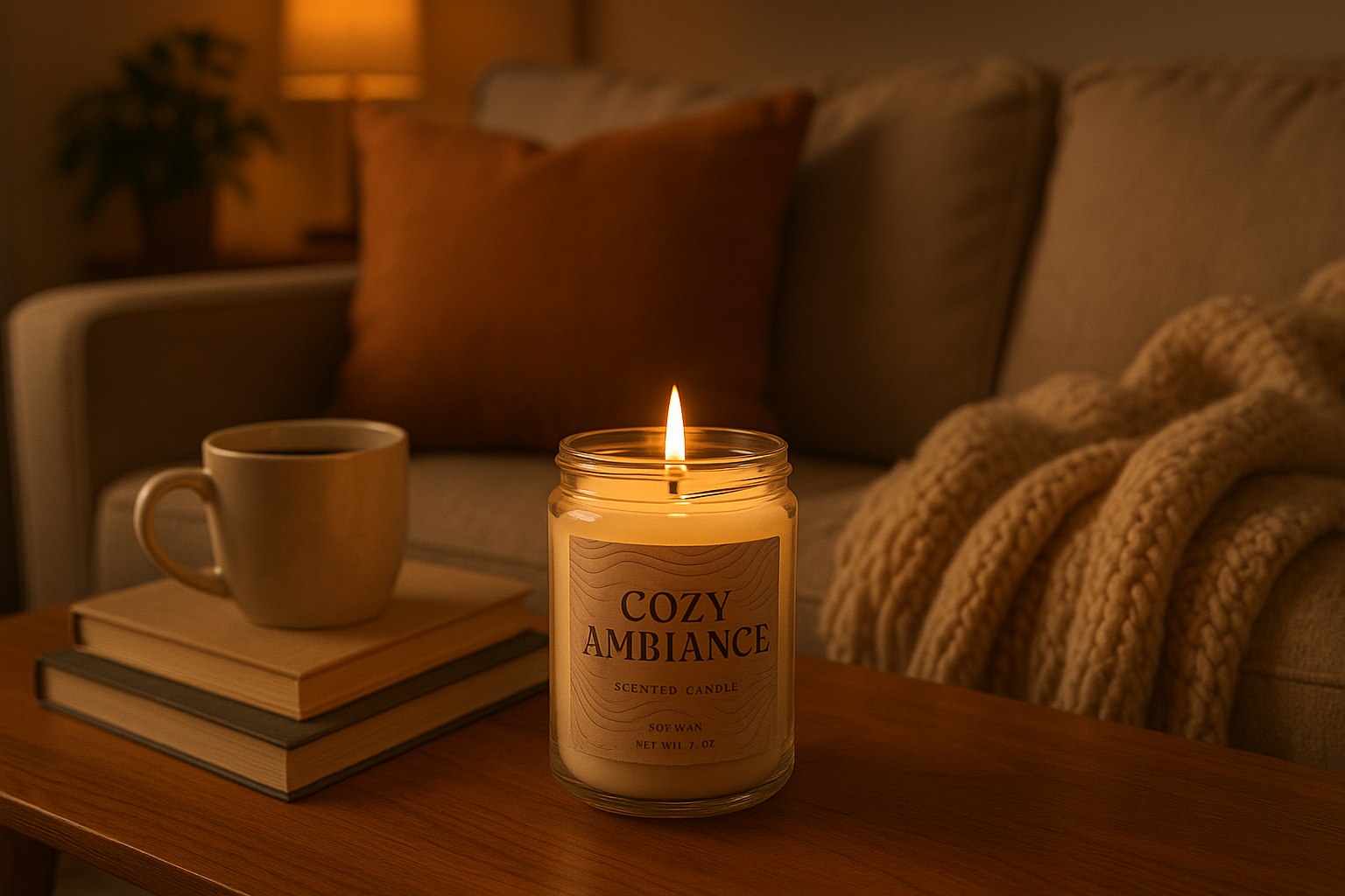 Custom scented candle with a branded label in a cosy Airbnb living room