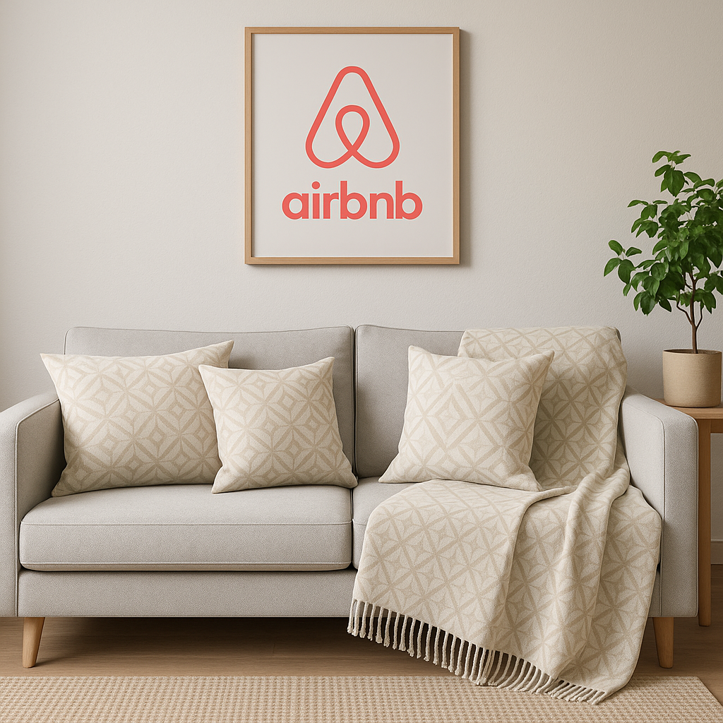 Custom-printed cushion covers and throw blanket enhancing an Airbnb lounge area
