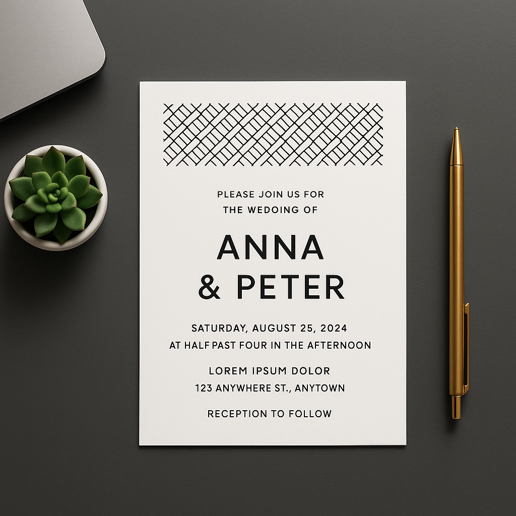 Modern minimalist wedding invitation with geometric design on a stylish desk