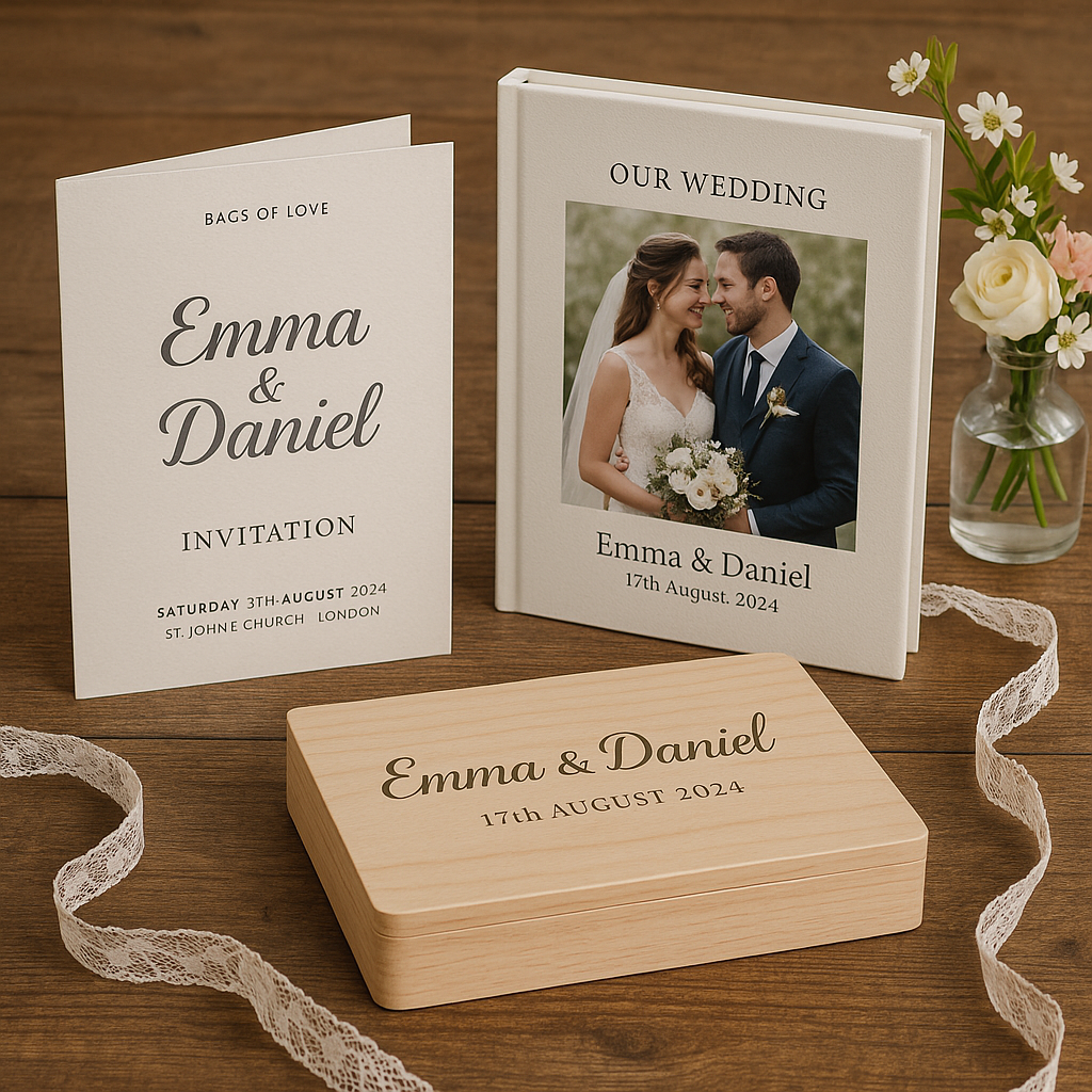 Personalised wedding keepsakes including invitations and memory books on a wooden table