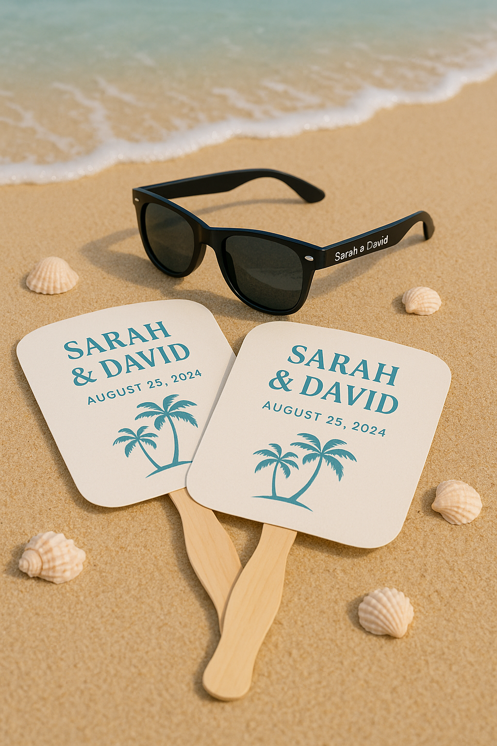 Beach-themed wedding favours including custom sunglasses and fans on a sandy backdrop