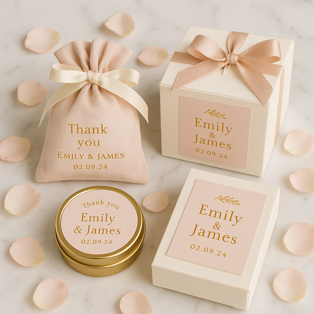 Elegant wedding favour packaging in blush and gold tones with custom bags and boxes on a marble surface