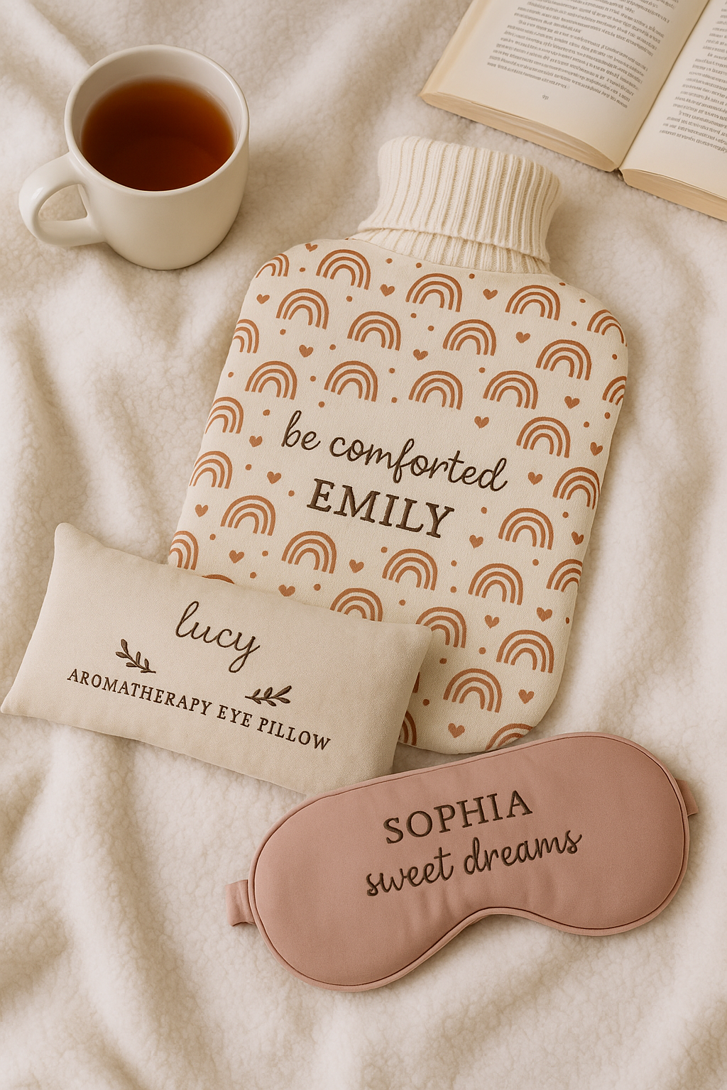 Personalised wellness gifts like a custom hot water bottle and sleep mask arranged on a soft blanket with tea and a book.