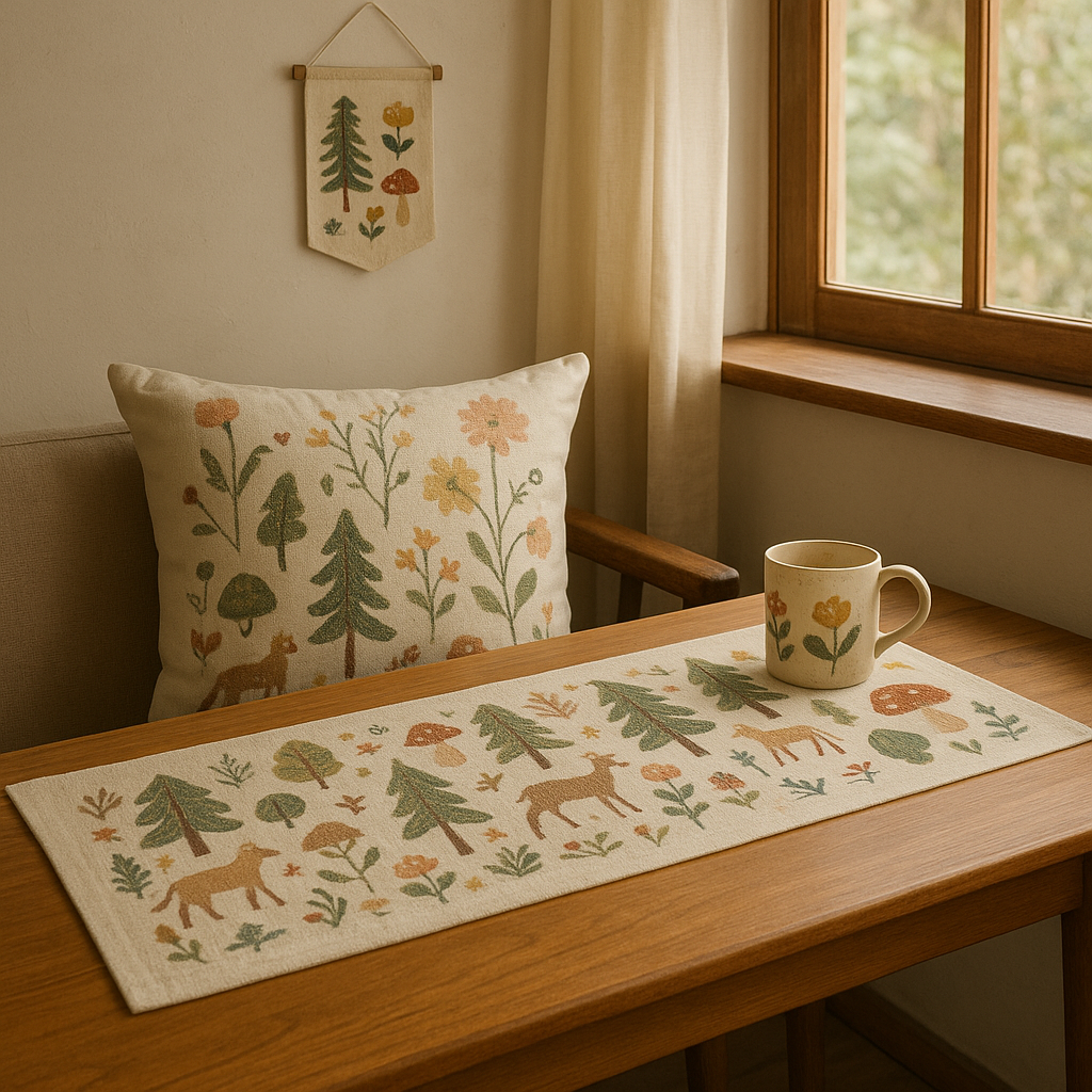Nature-inspired artist merchandise including cushions and table runners with floral and forest designs in a cosy home setting