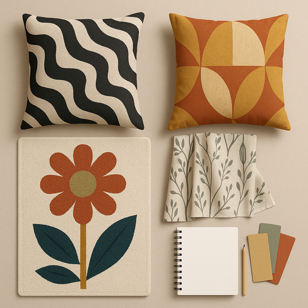 A collection of custom home decor items including rugs and cushions arranged for inspiration.