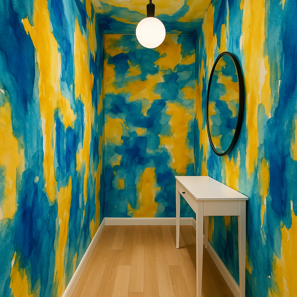 Hallway decorated with vibrant abstract art wallpaper for a bold look