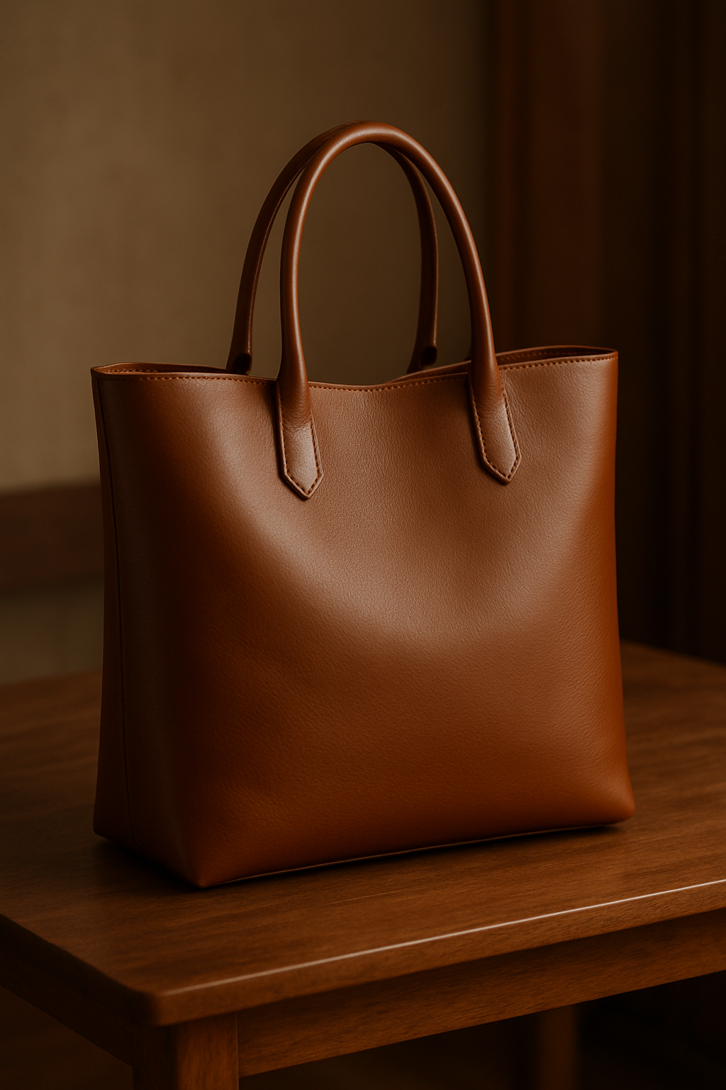 Elegant leather tote bag on a wooden surface