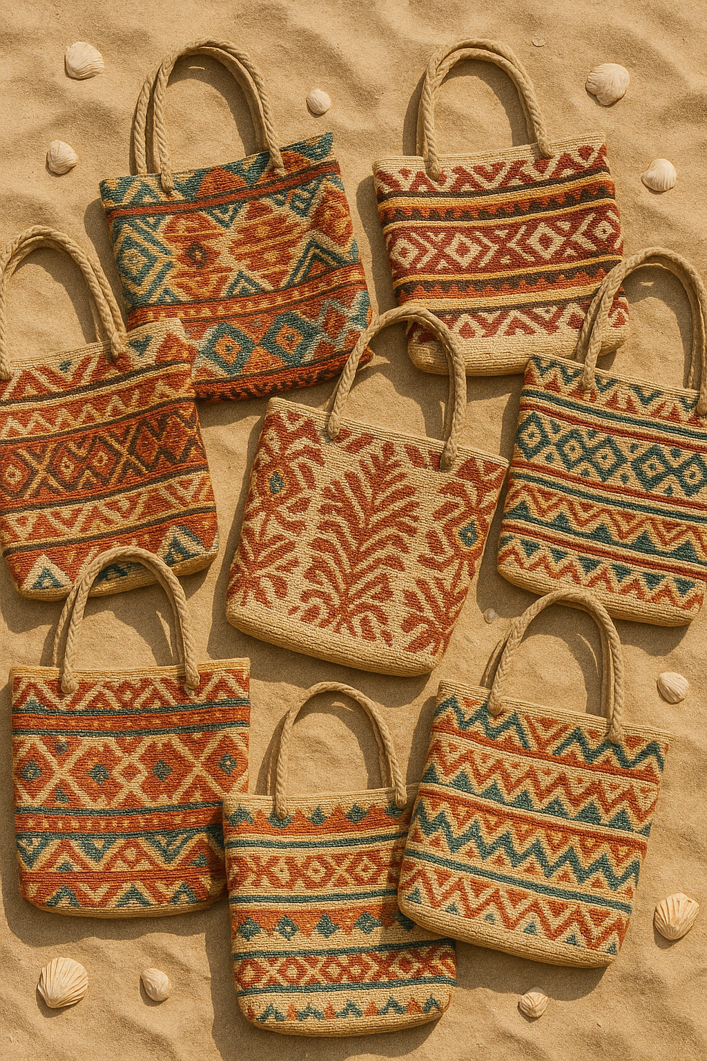 Woven tote bags with bohemian designs on a beach