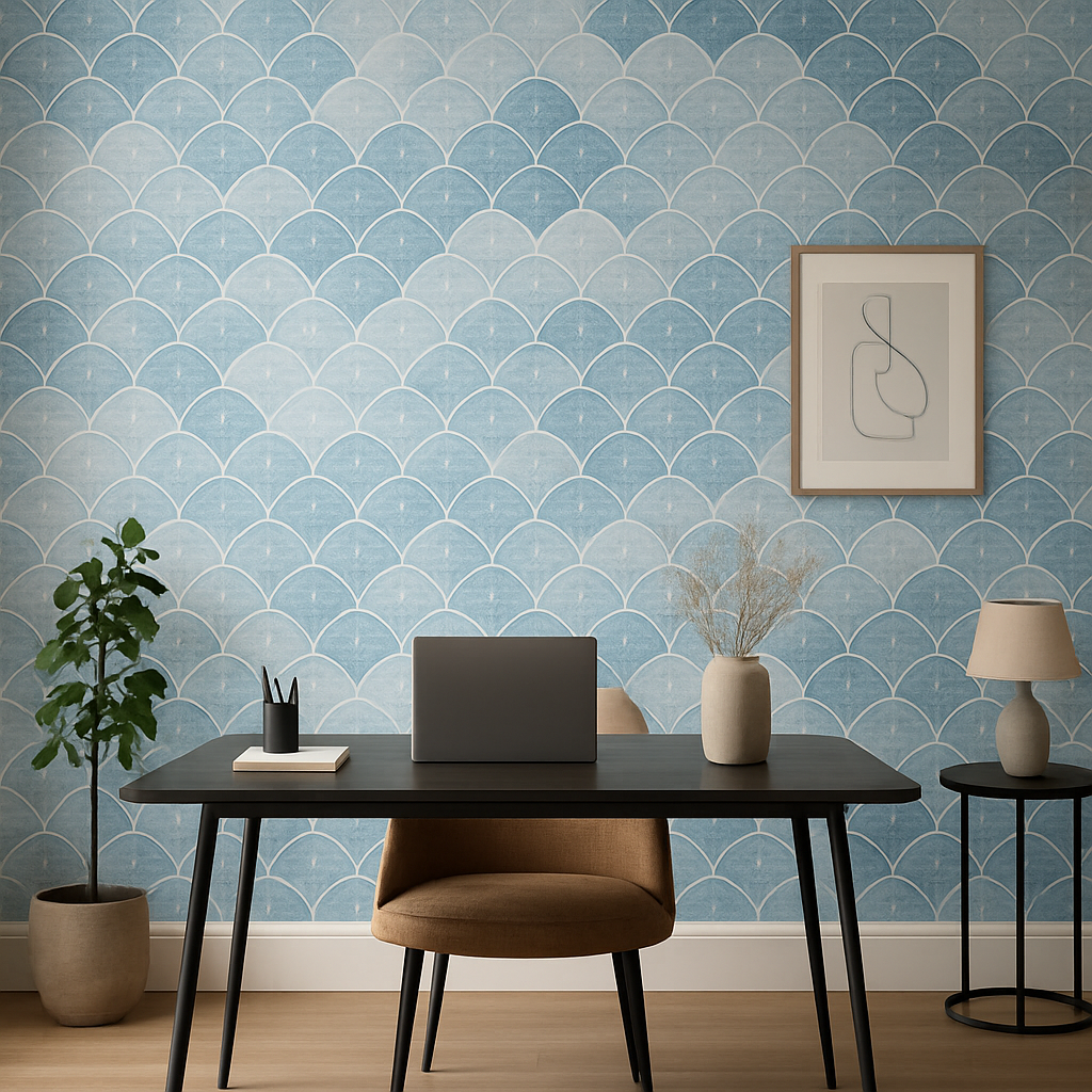 Home office featuring a statement wall with custom geometric wallpaper in blue and white tones