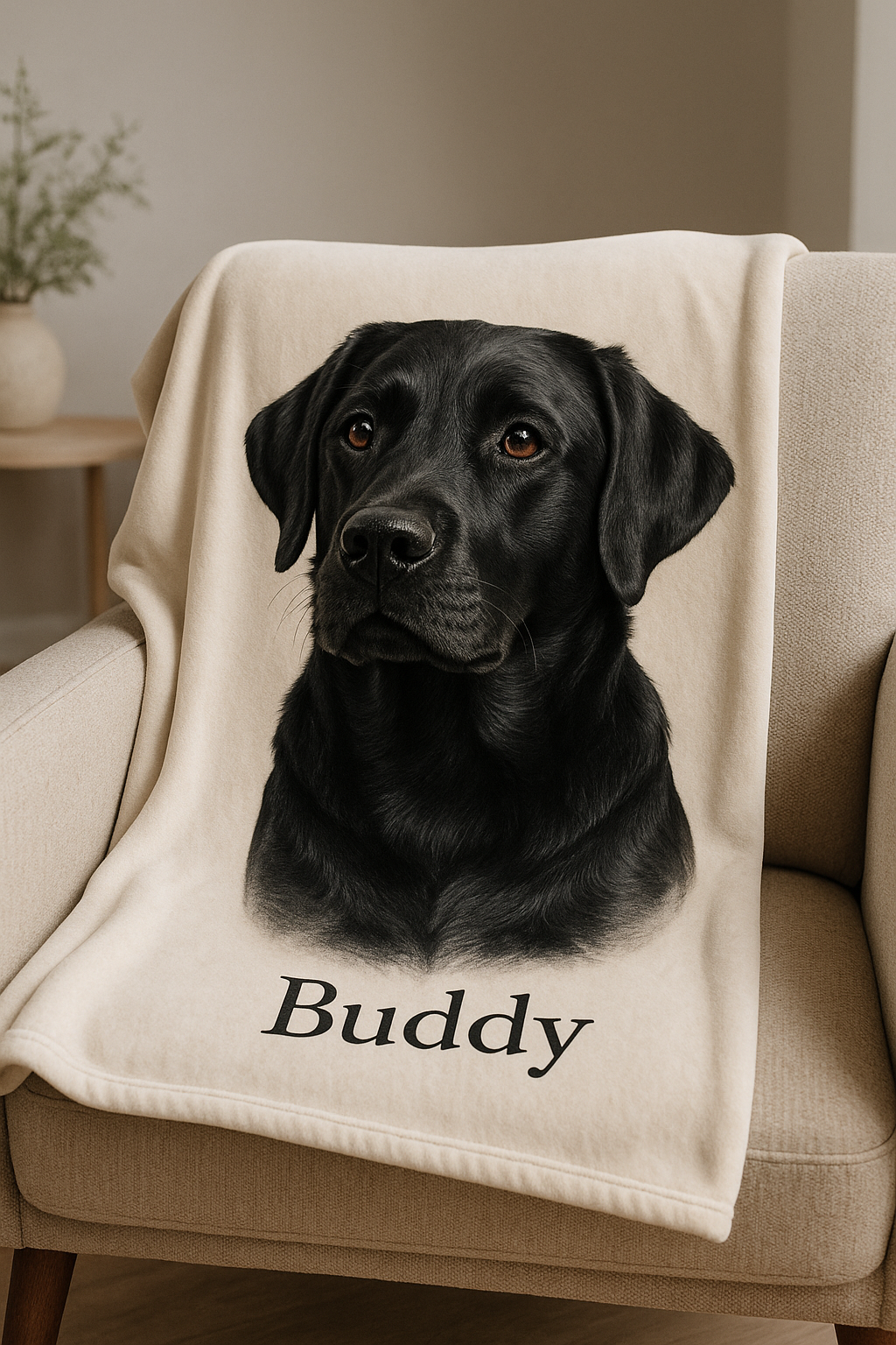Custom pet portrait blanket featuring a black Labrador named Buddy on a chair