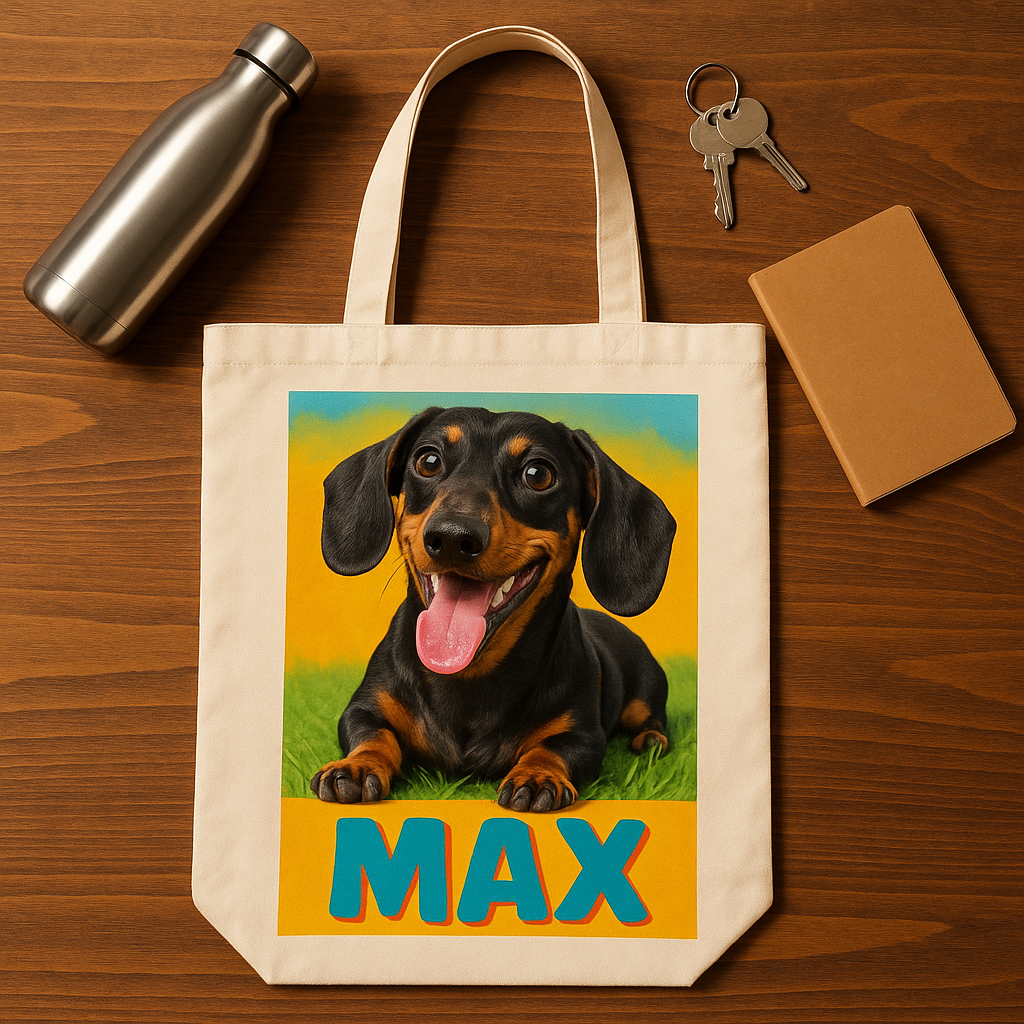 Bespoke tote bag with a dachshund photo and the name Max on a wooden table