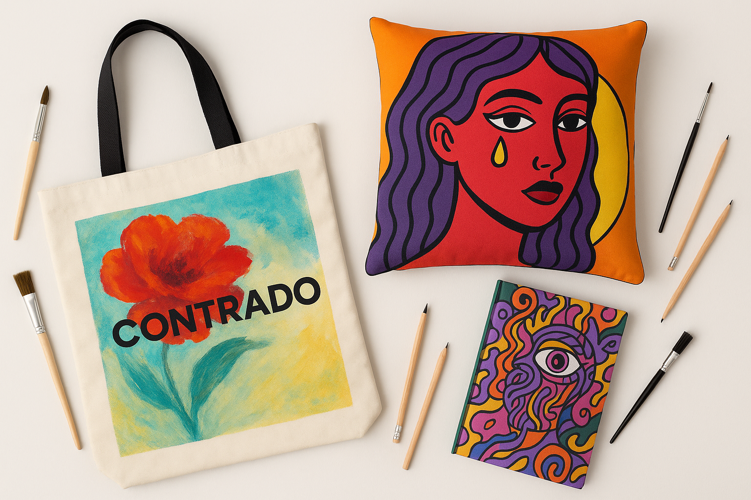 Collection of custom Contrado products like tote bags and cushions showcasing unique designs
