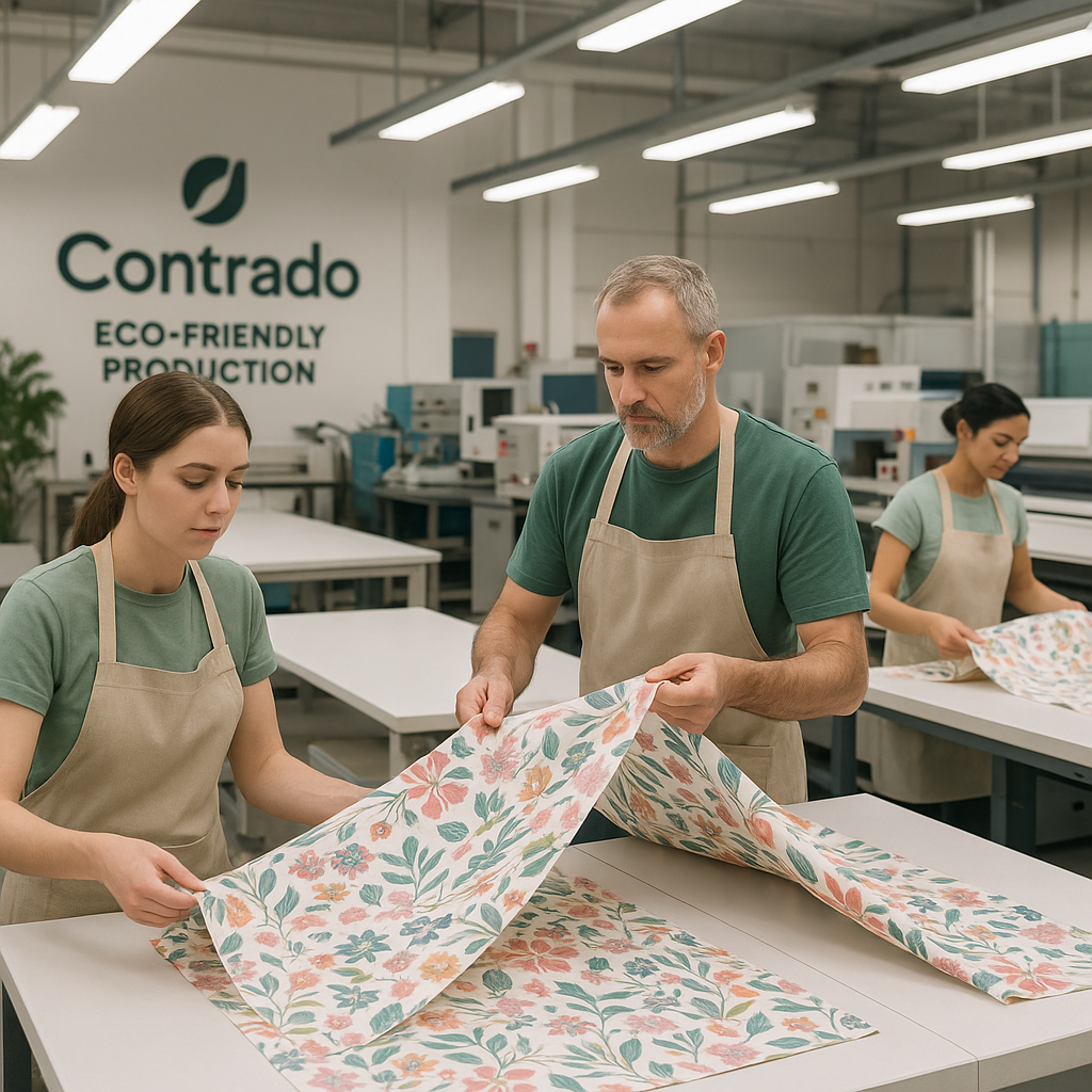 Sustainable production process at Contrado’s UK-based facility with workers handling printed fabrics