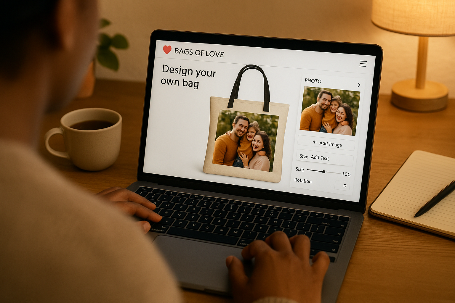 A person designing a personalised bag on a laptop using Bags of Love’s customisation tools in a home office setting
