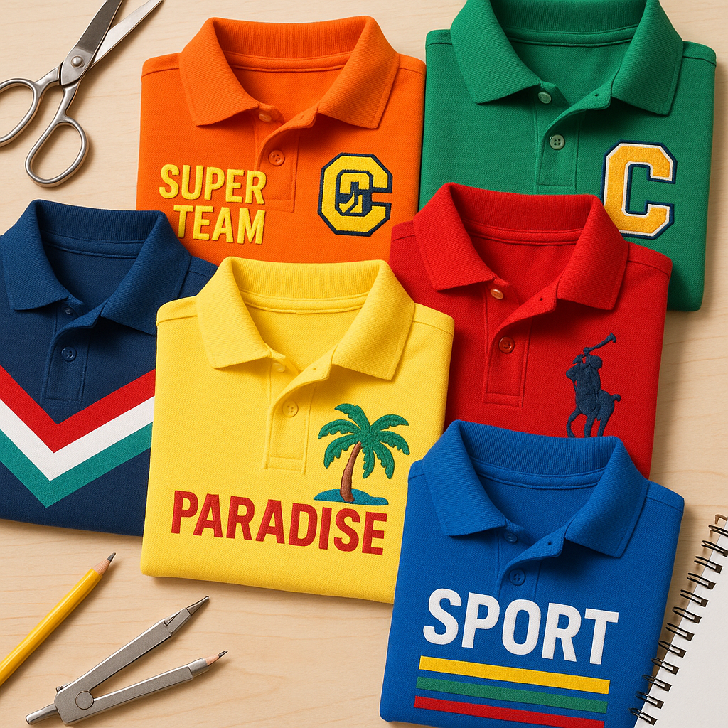 Collection of folded polo shirts with diverse custom designs and logos