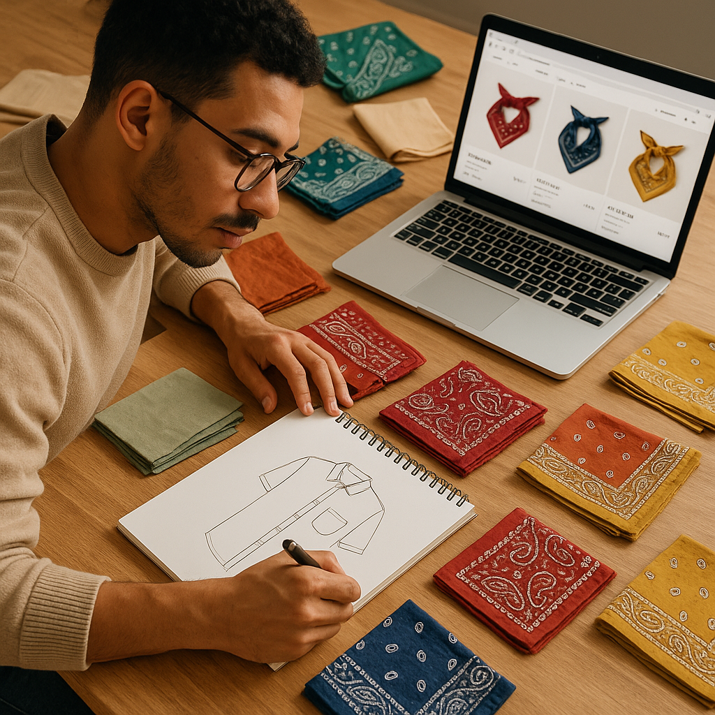 Entrepreneur designing custom bandana tops with sketchpad and fabrics