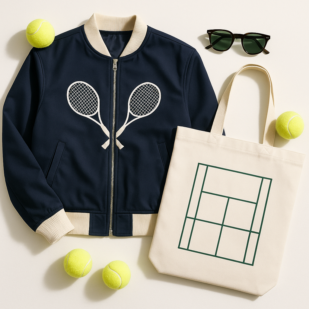 Custom tenniscore clothing inspired by Challengers, including a bomber jacket and tote bag, arranged with tennis props on a white background.