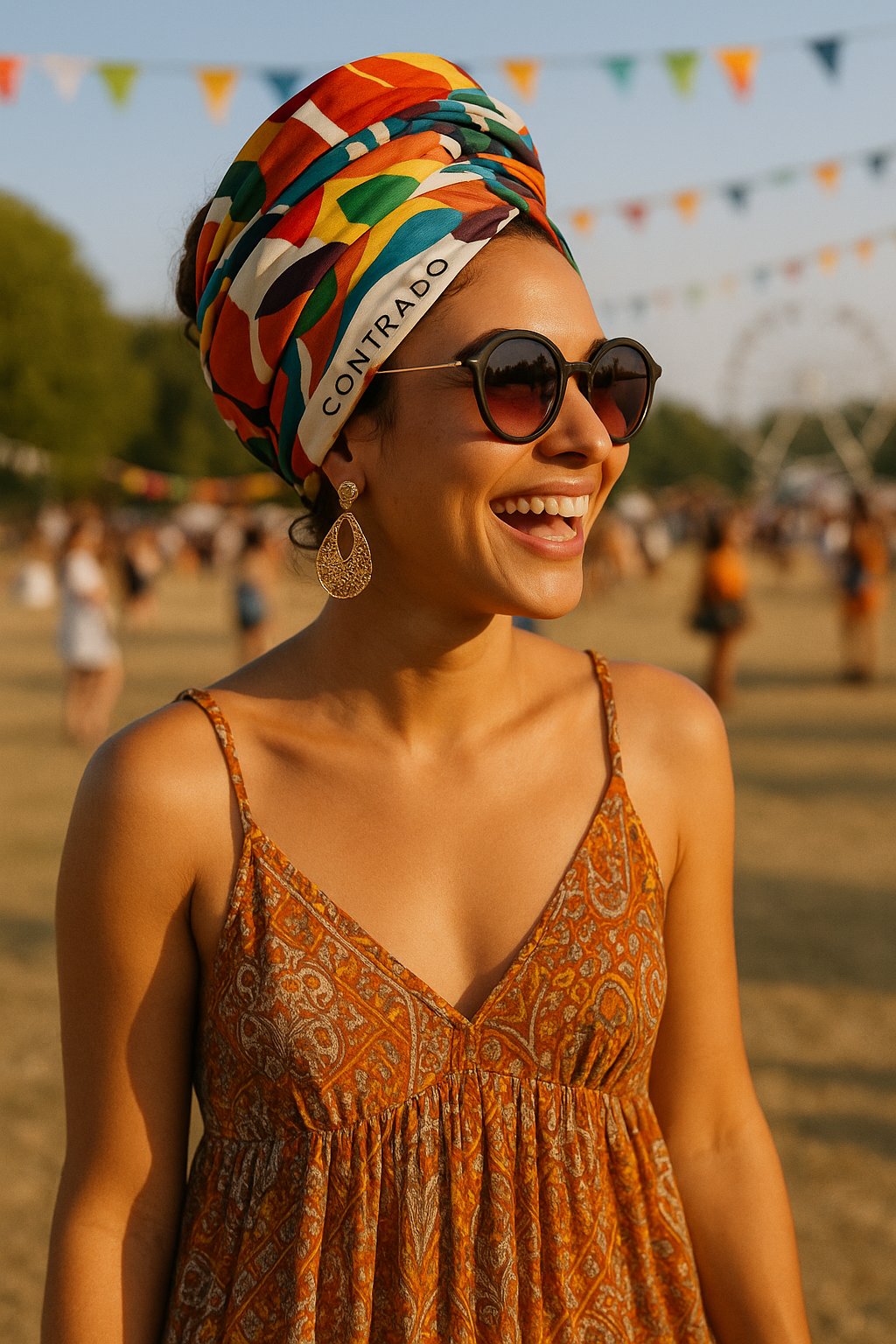 Woman wearing a Contrado custom scarf as a head wrap, paired with a maxi dress for a festival-ready boho look