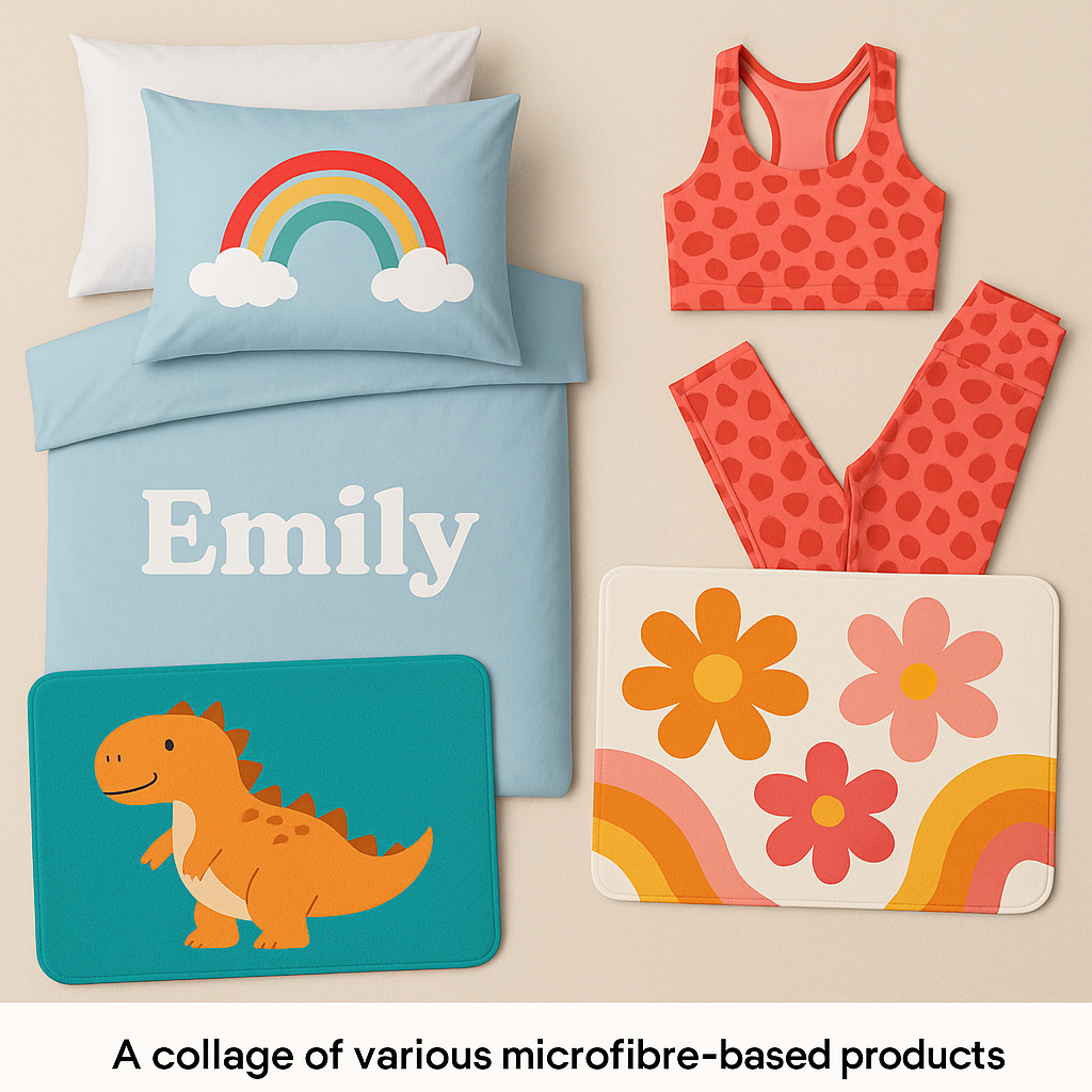 Diverse microfibre products including bed sheets and bath mats featuring personalized designs.