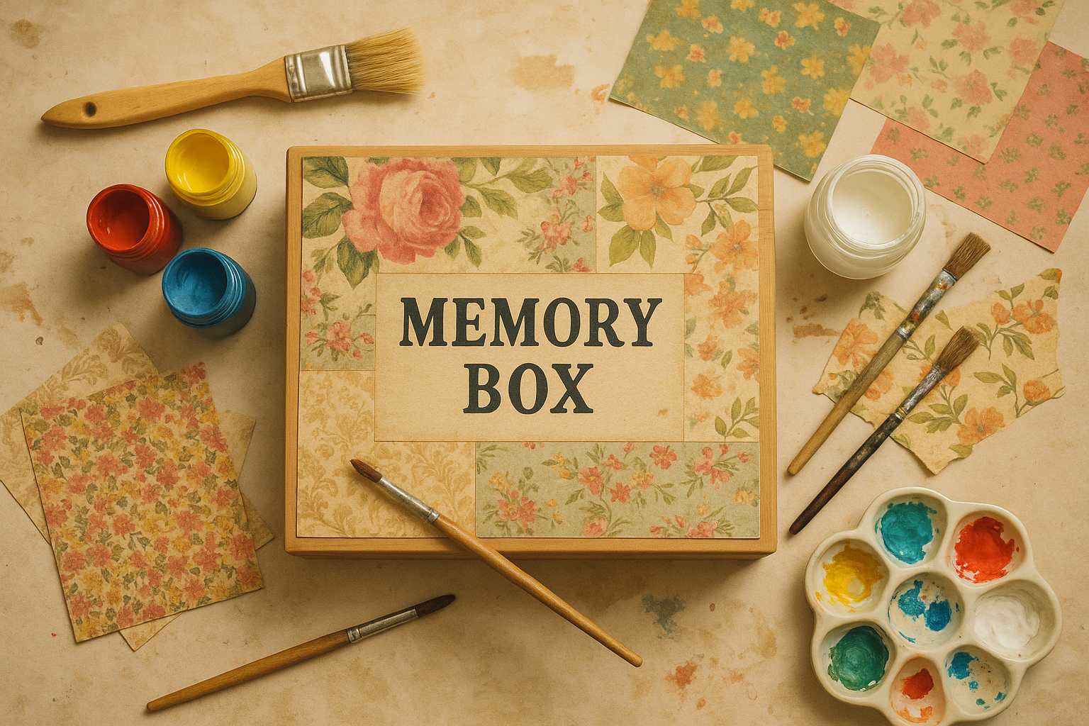 Art supplies around a memory box being decorated.