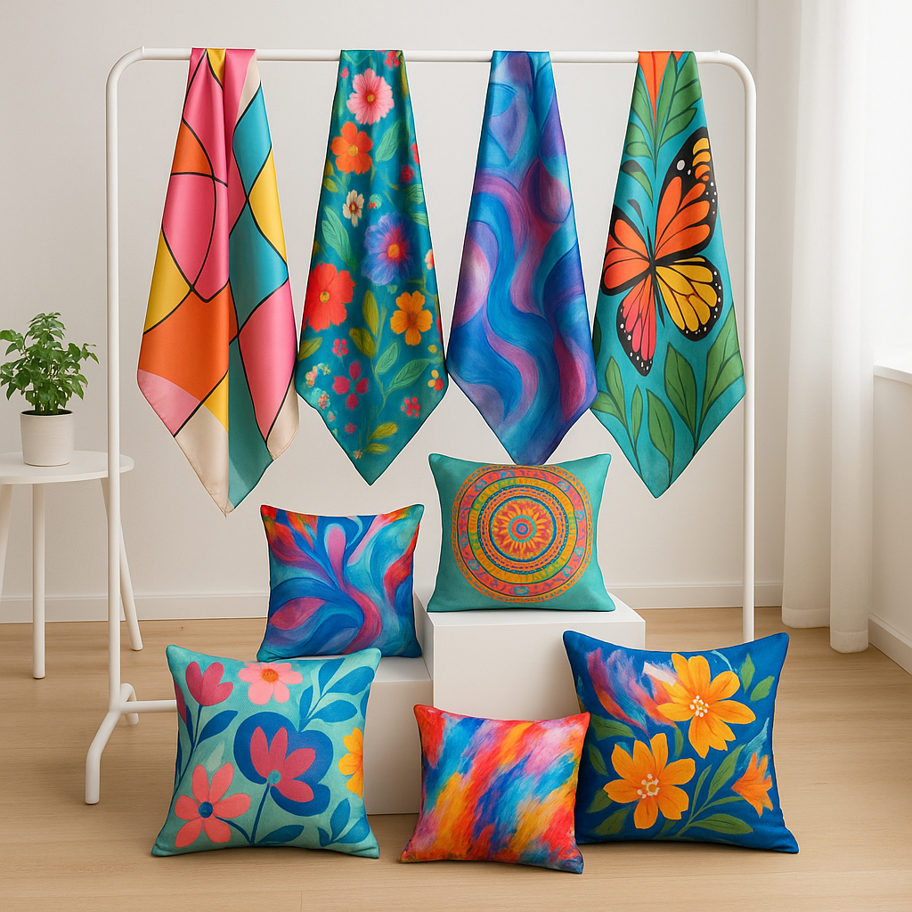 Custom silk scarves and cushions in a modern studio showcase