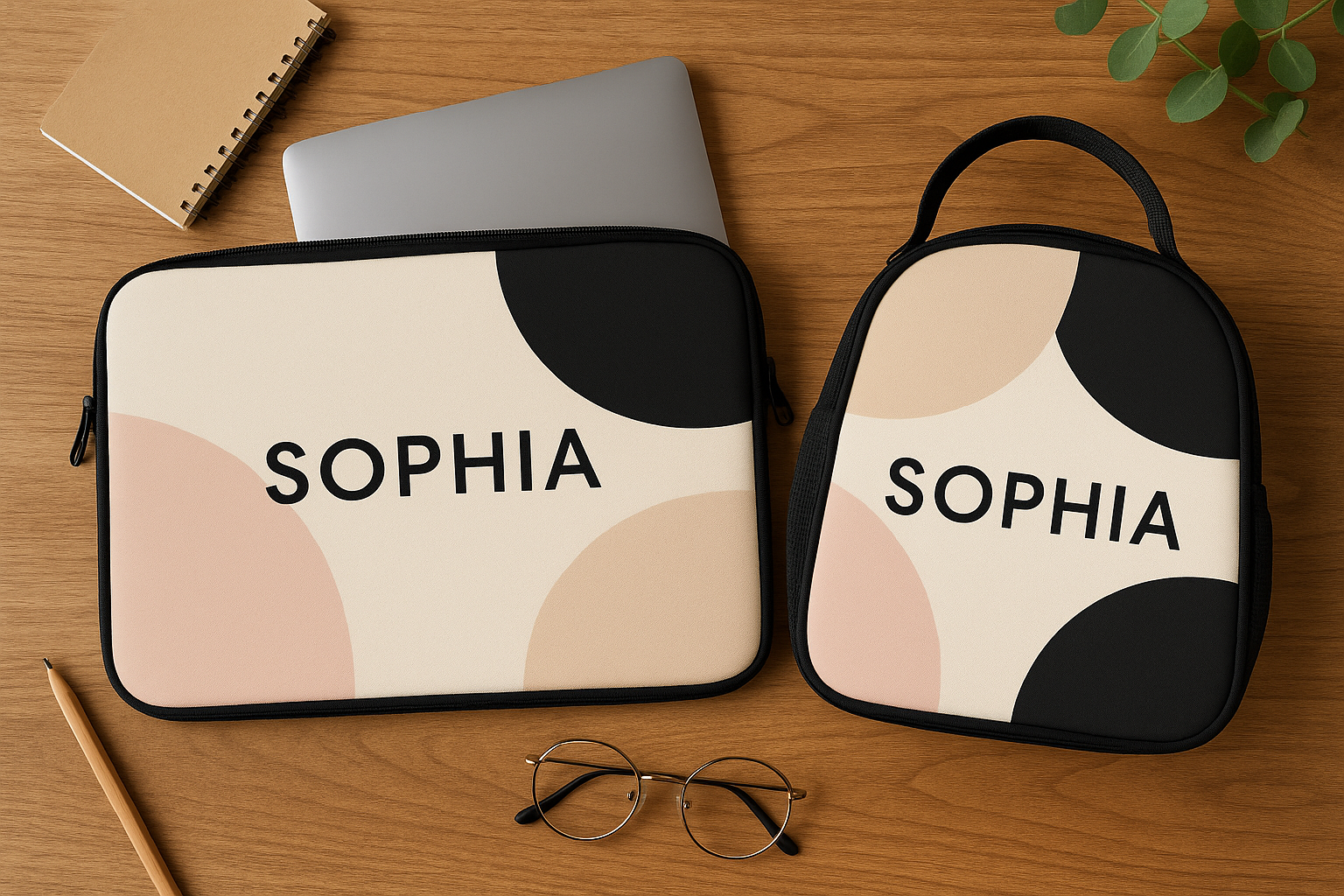 Customised laptop sleeve and matching lunch bag with stylish designs on a wooden table