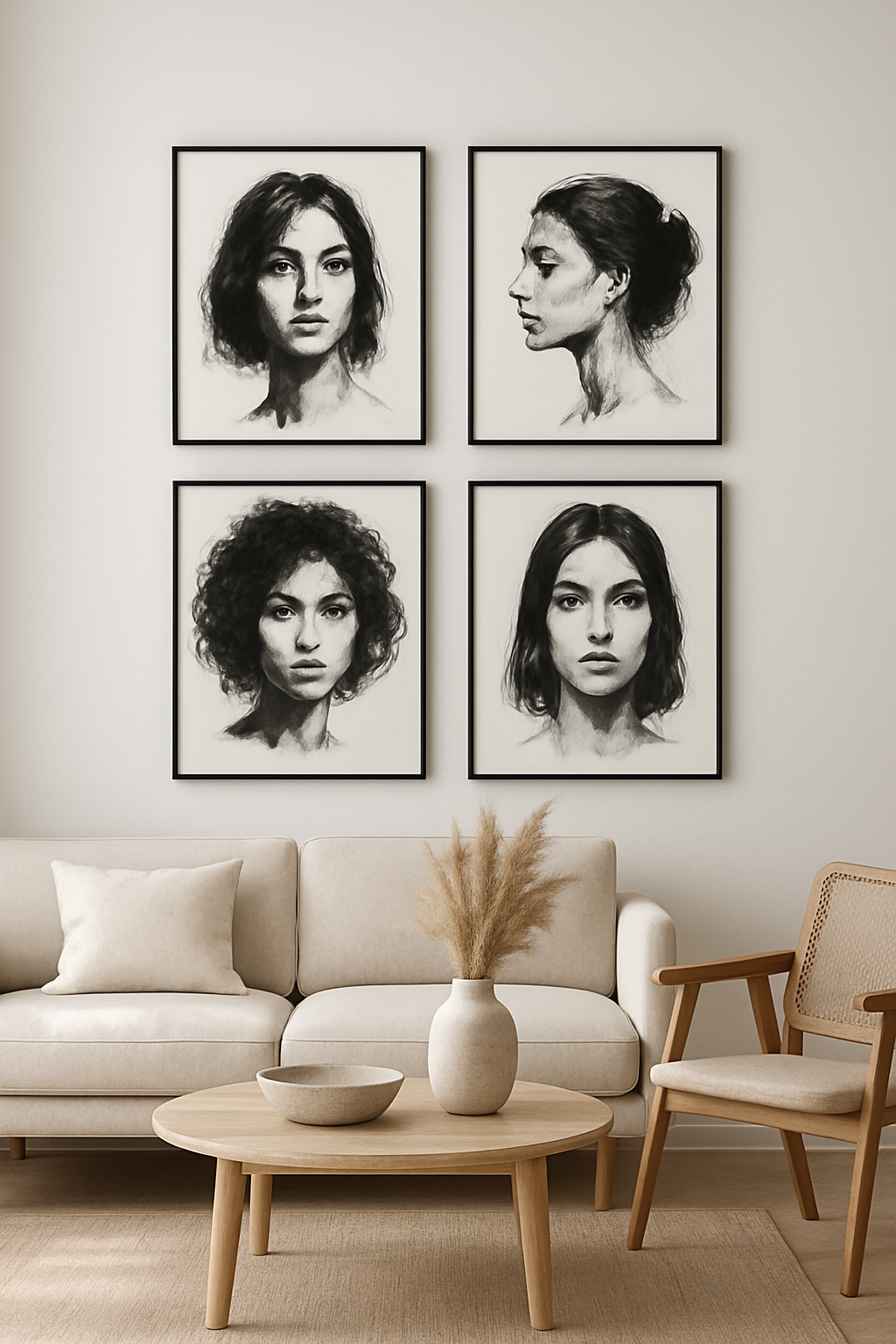 Minimalist living room with black and white portrait wall art