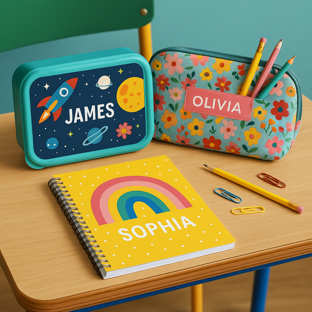 Collection of personalised school supplies with diverse designs