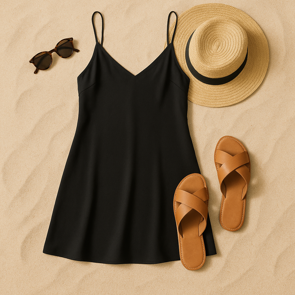 Mini Slip Dress styled for the beach with accessories on sand.