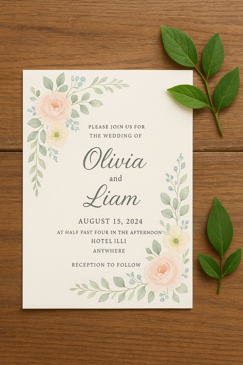 Botanical-themed wedding invitation card with watercolour floral designs on a wooden background.