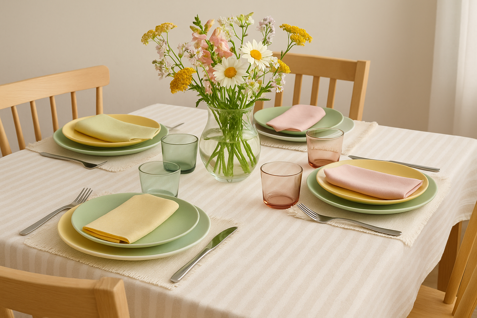 Summer dining table with cotton tablecloth and flowers