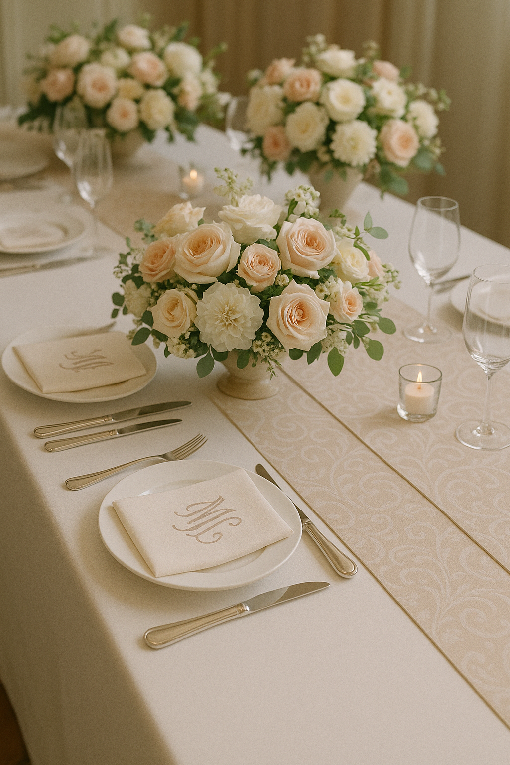 Wedding table featuring monogrammed napkins and bespoke runner with floral decor