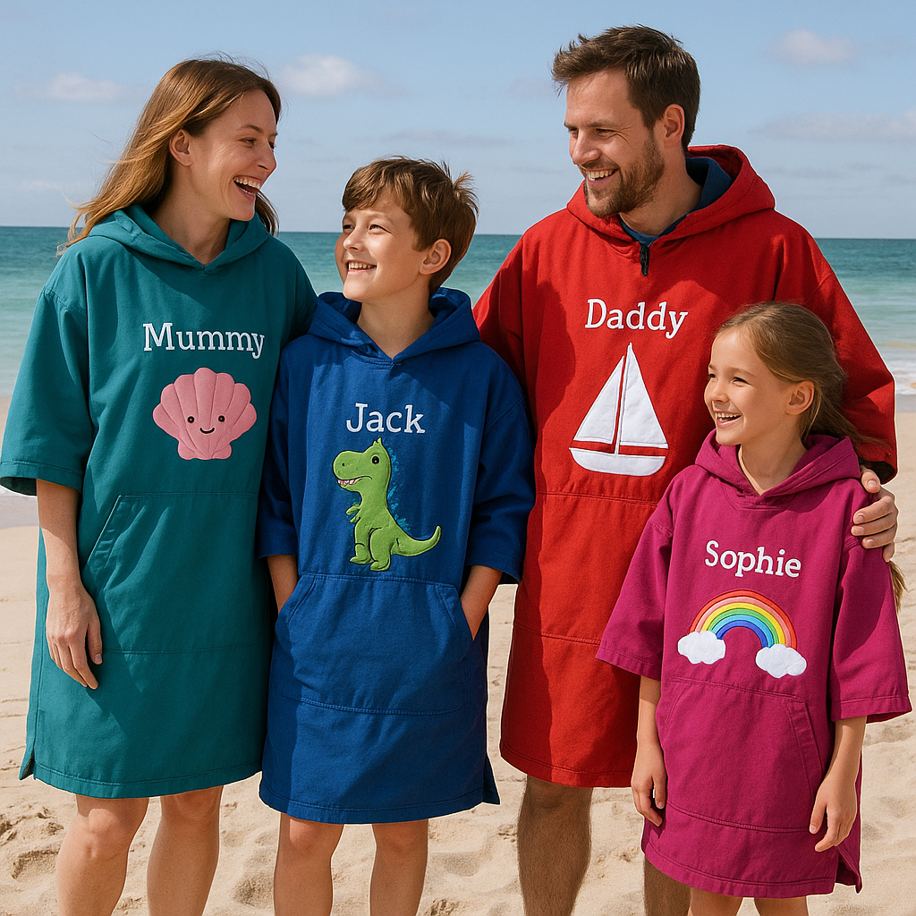 Family on a beach wearing personalised waterproof changing robes with distinct colours and designs.