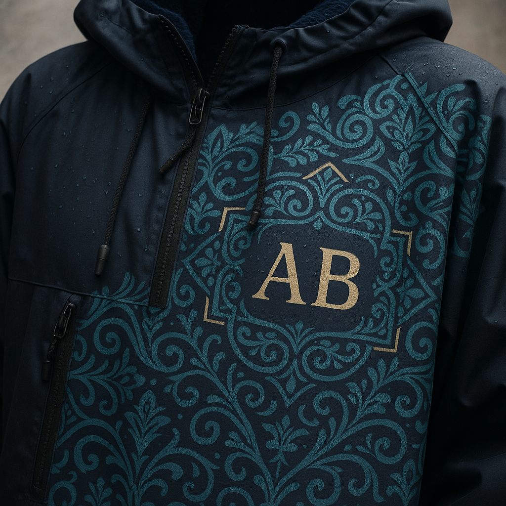 Close-up of a personalised changing robe showing initials and a decorative design.