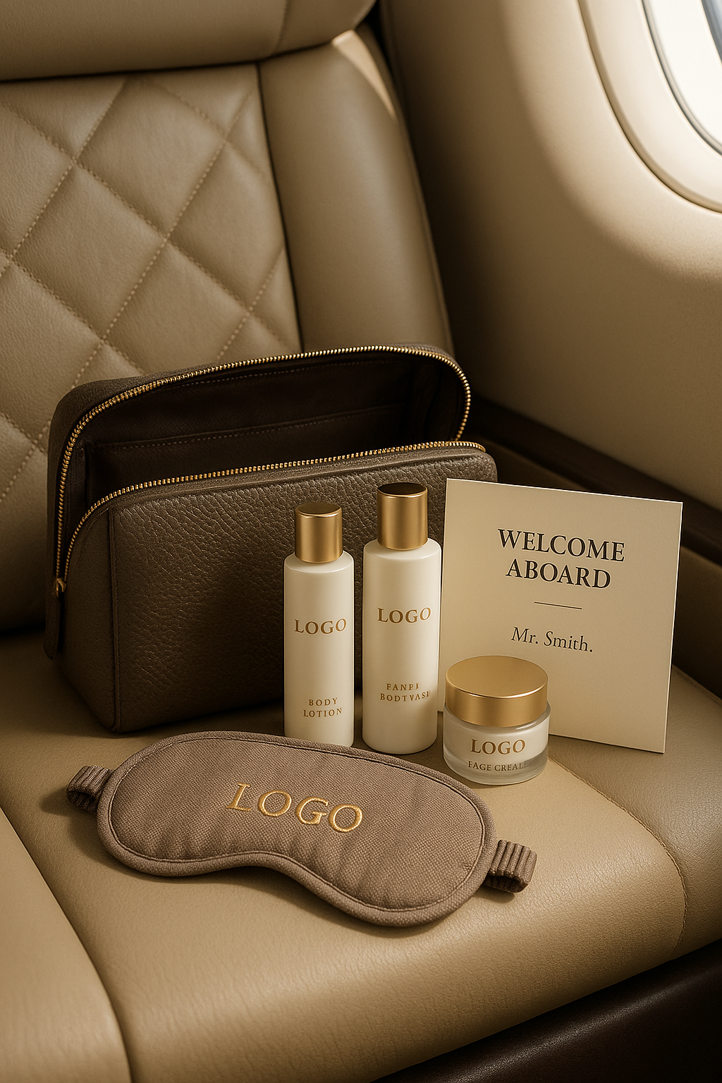 Luxury travel kit with custom accessories on an airplane seat