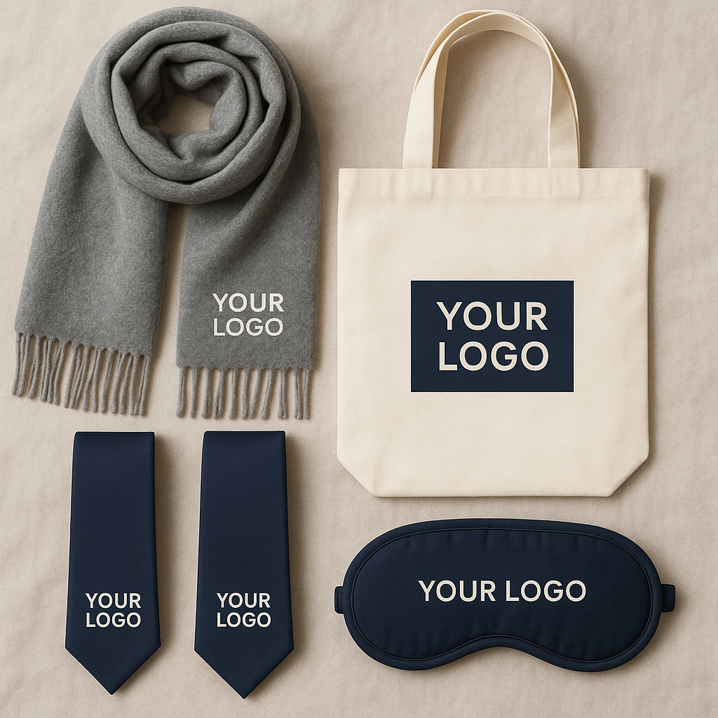 Collection of personalised corporate gifts such as a scarf, tote bag, ties, and eye mask on a fabric background.