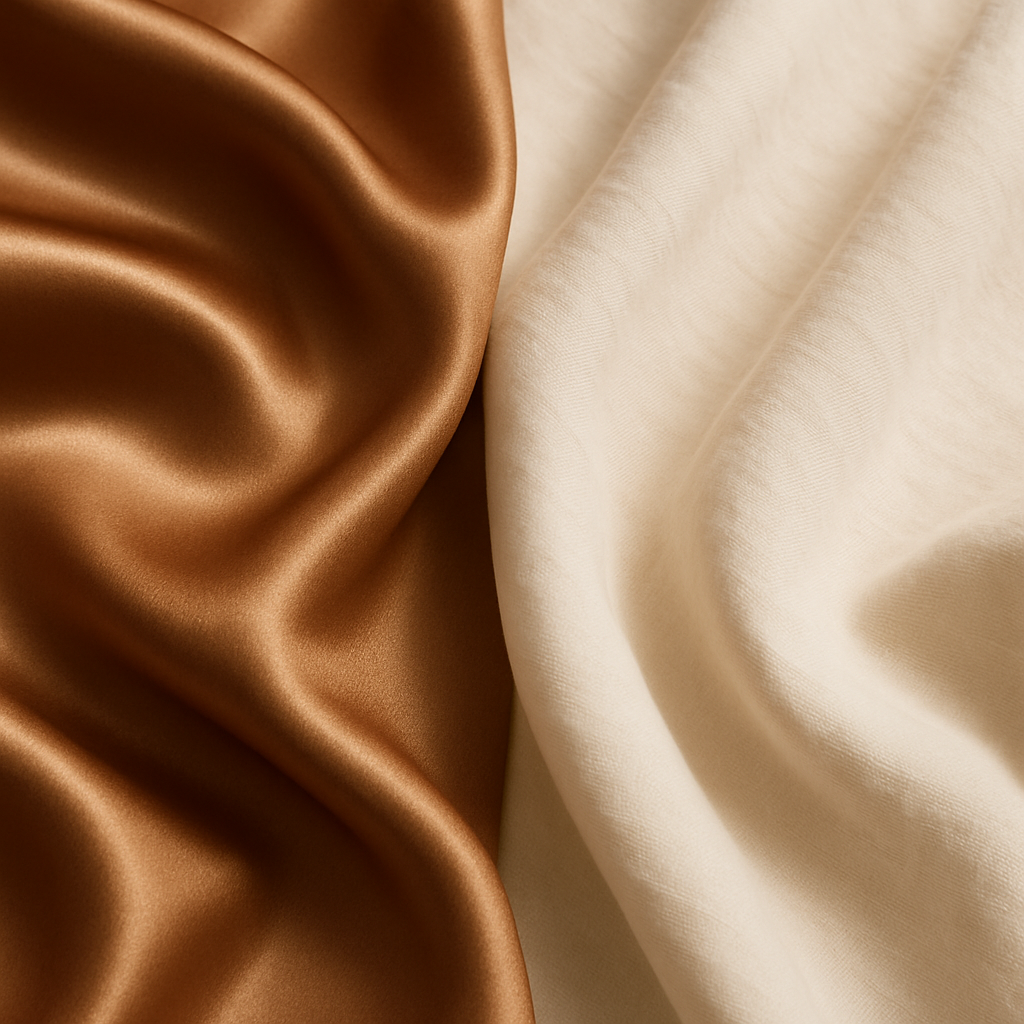 Textured close-up of silk satin and cotton poplin fabrics.