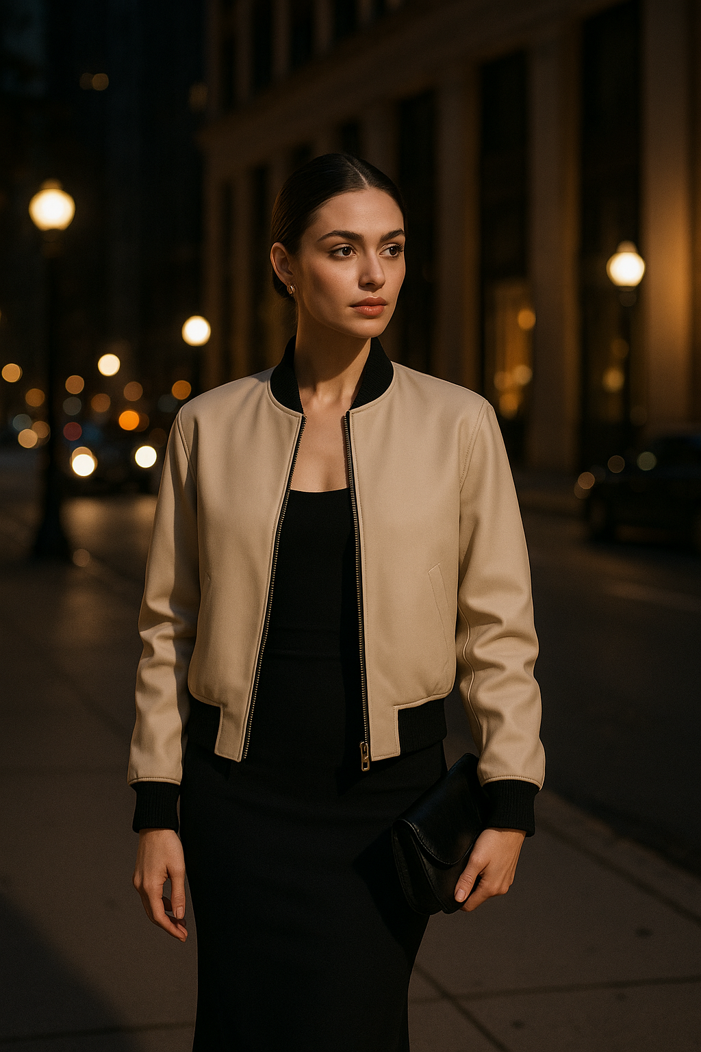 Model dressed in minimalist bomber jacket for an elegant evening.