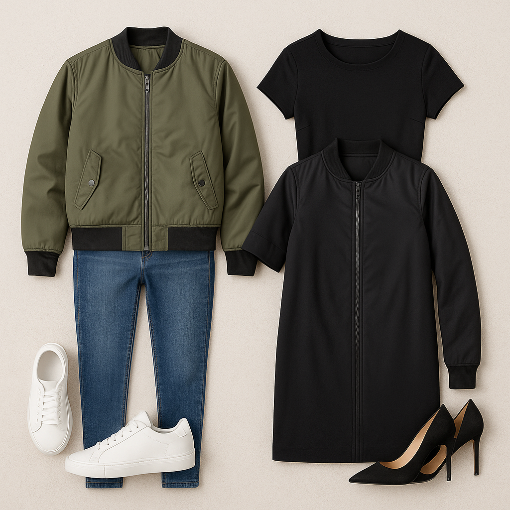 Vista plana de moda con chaqueta bomber, jeans, zapatillas blancas, vestido negro y tacones elegantes.