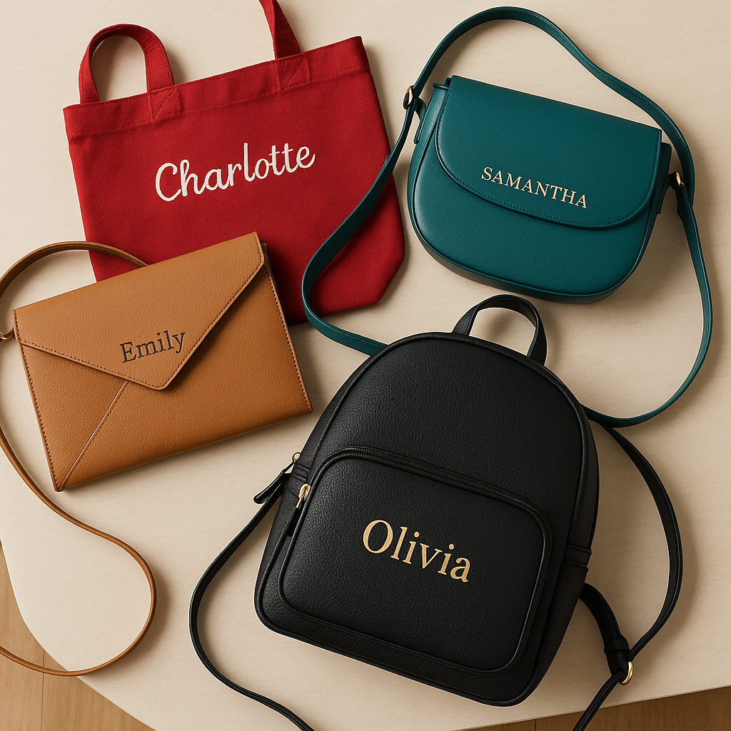 Colección de diseños de bolsos personalizados sobre una mesa