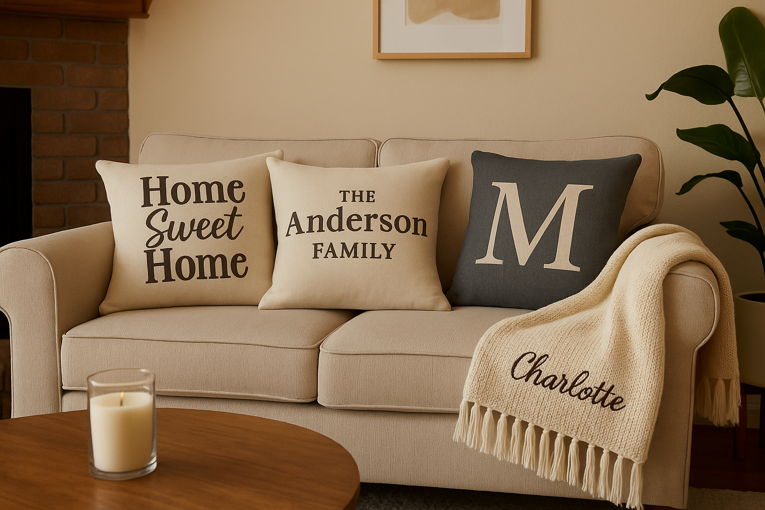 Sala de estar acogedora con decoración personalizada como cojines y mantas