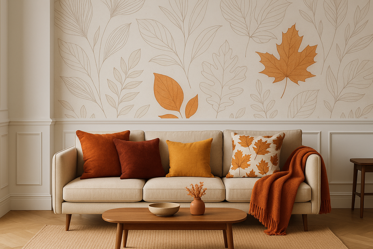 Modern living room with autumn-coloured cushions and custom wallpaper